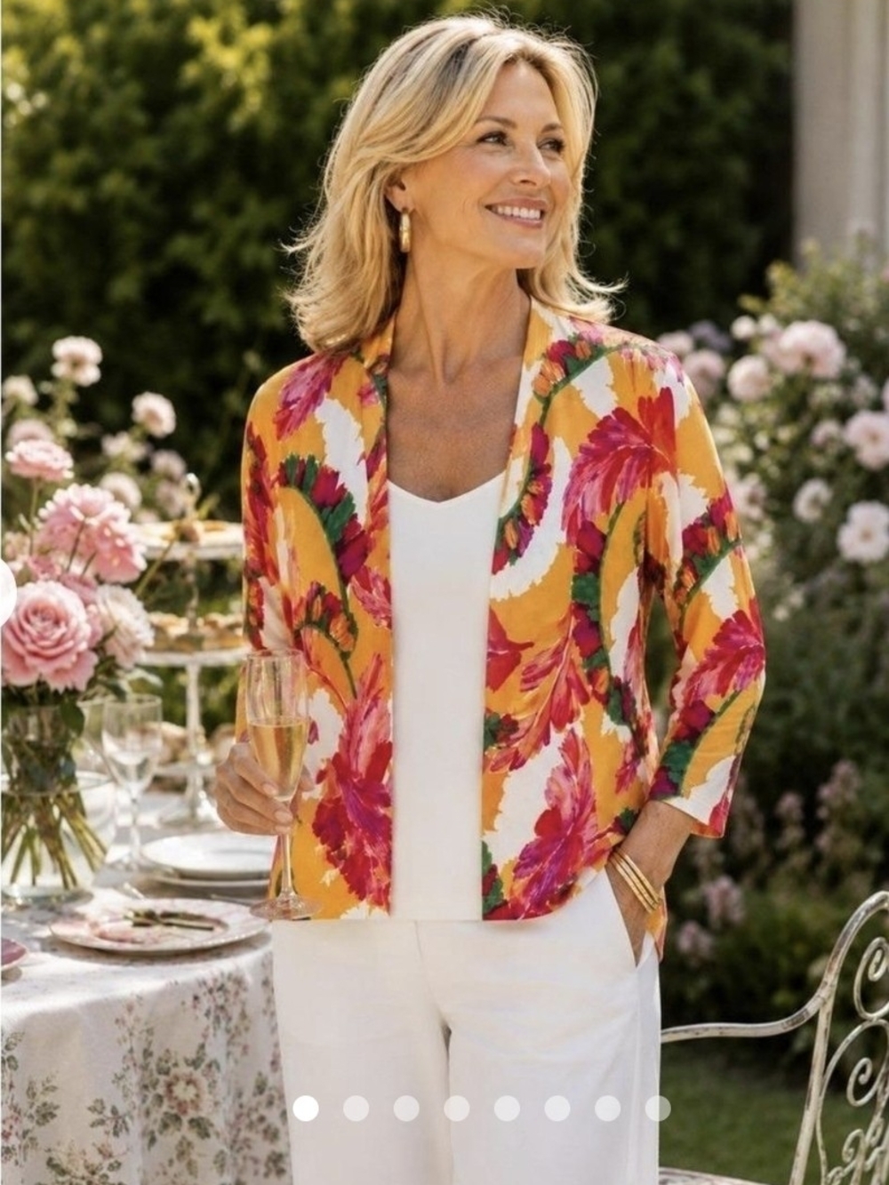The Chico's Tropical Floral Short Kimono features an open-front design with vibr